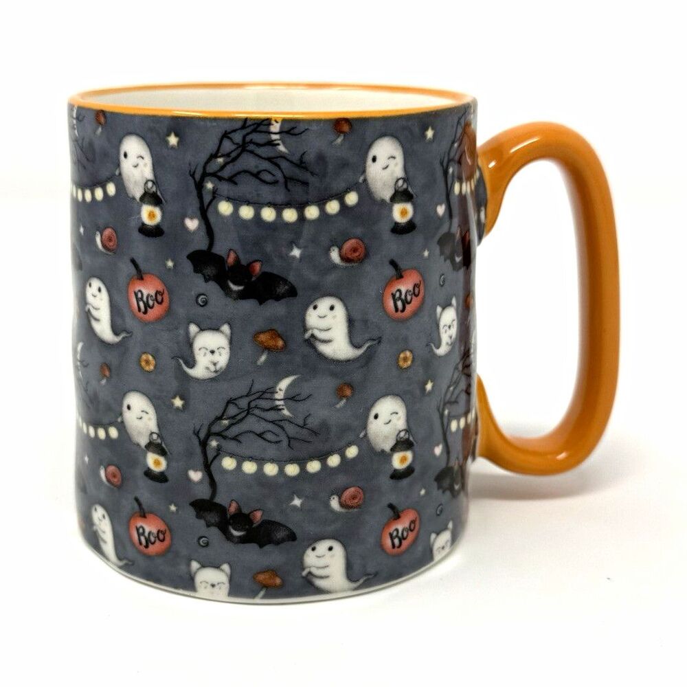 10 Strawberry Street Halloween Ghost Coffee Mug 14oz Ceramic Gray Orange Safe